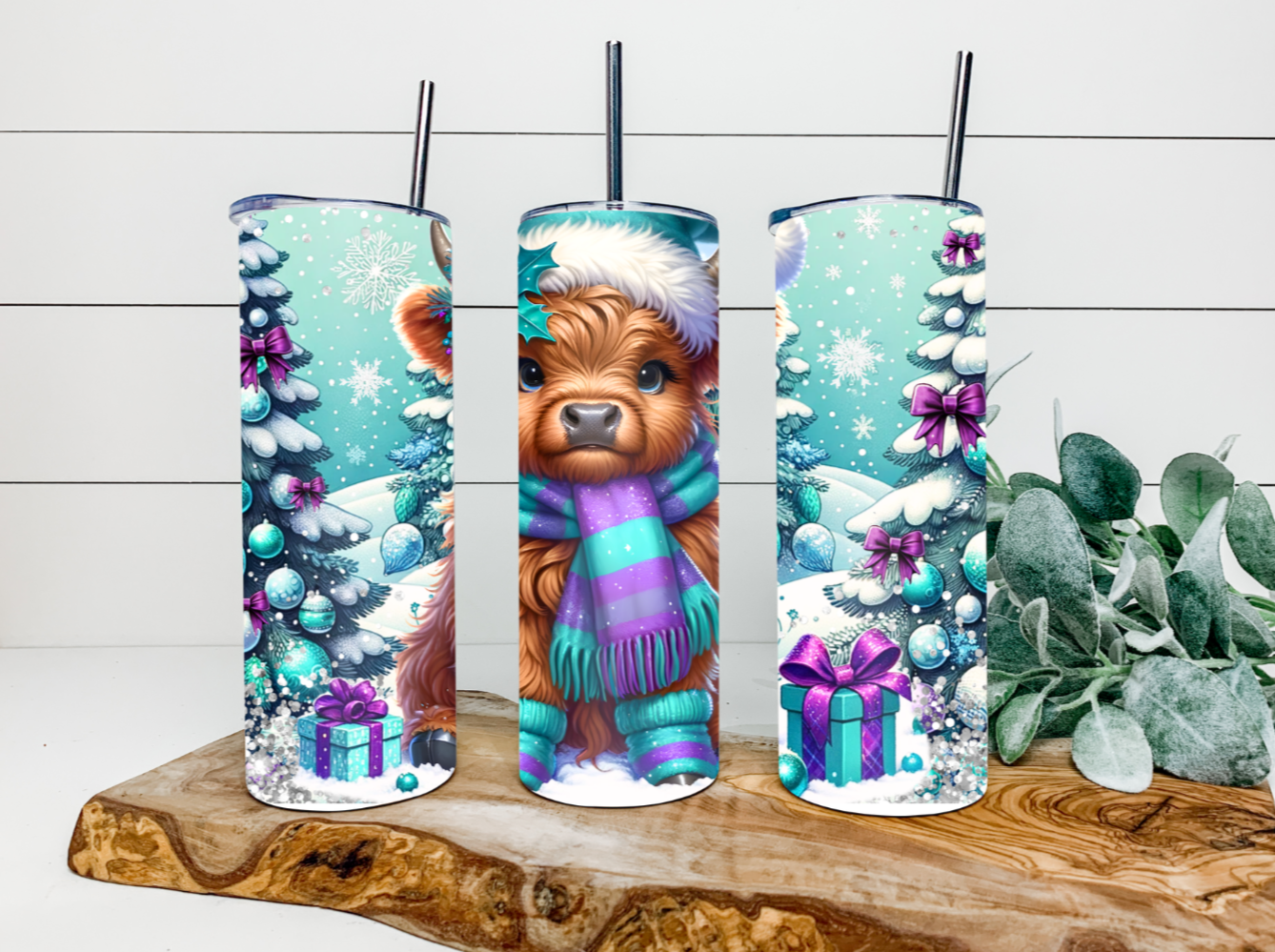 20oz Aqua & Purple Christmas, Highland Calf Tumbler