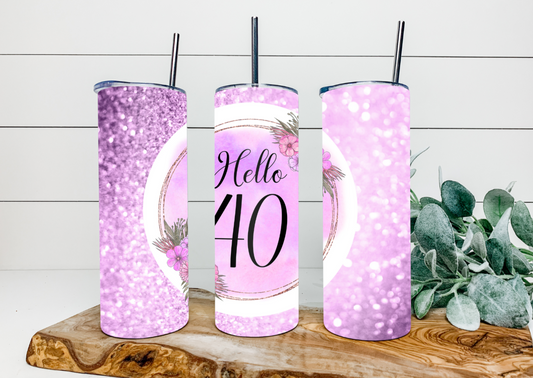 20oz Hello 40 Purple Tumbler