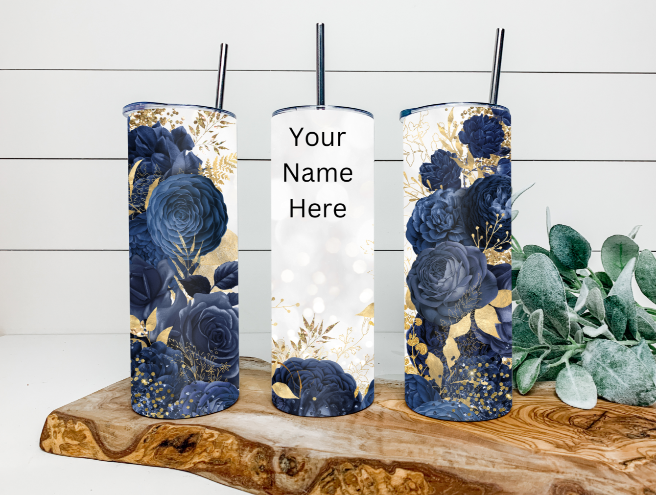 20oz Blue & Gold Roses Tumbler