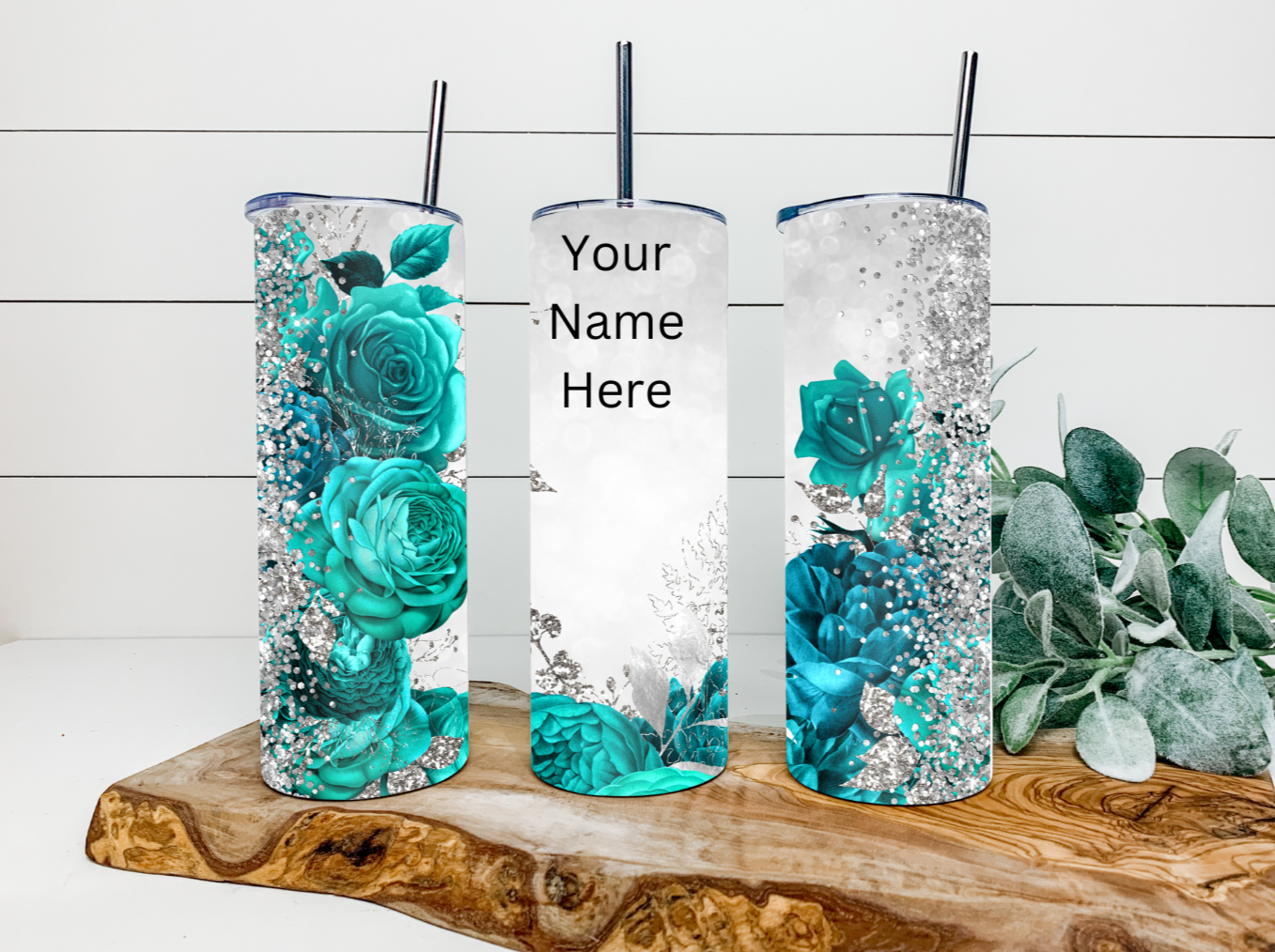 20oz Teal & Silver Roses Tumbler