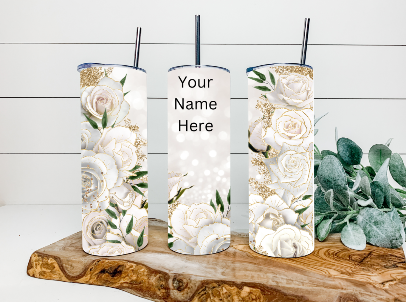 20oz White & Gold Roses Tumbler