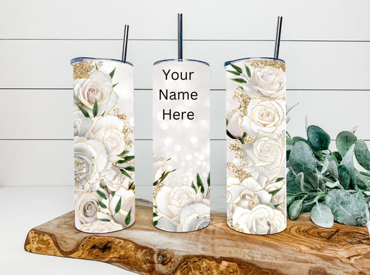 20oz White & Gold Roses Tumbler