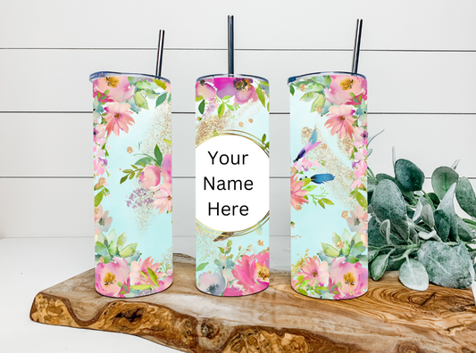 20oz Green & Pink Flowers Tumbler