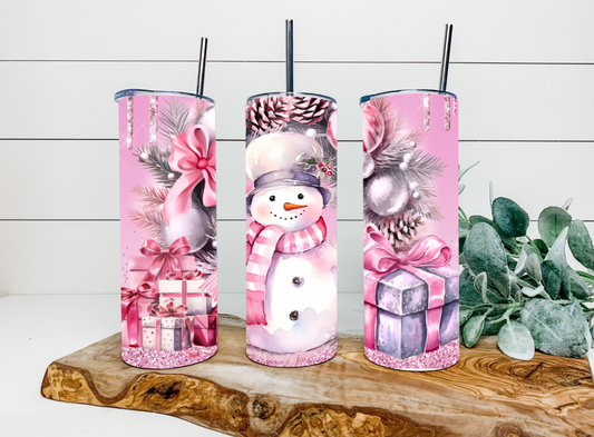 20oz Pink Glitter Snowman Tumbler