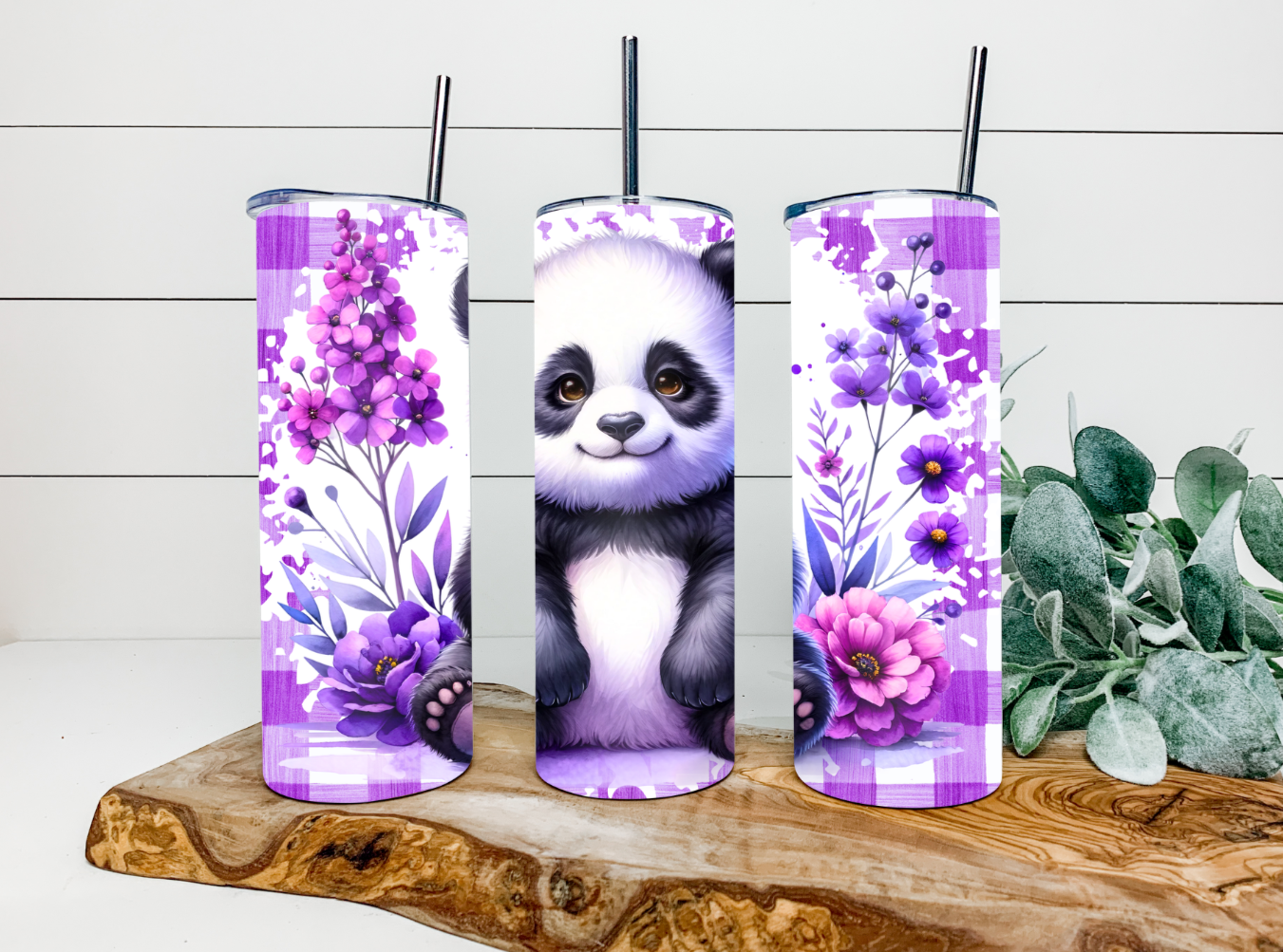 20oz Purple Gingham Panda Tumbler